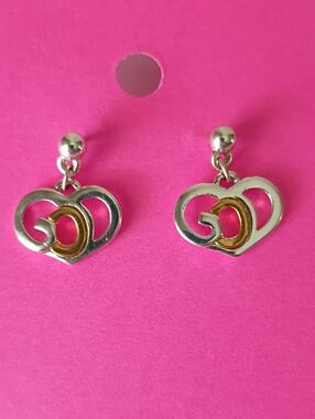Signed SJ Two Tone "GOD" Heart Shape Dangle Earrings
